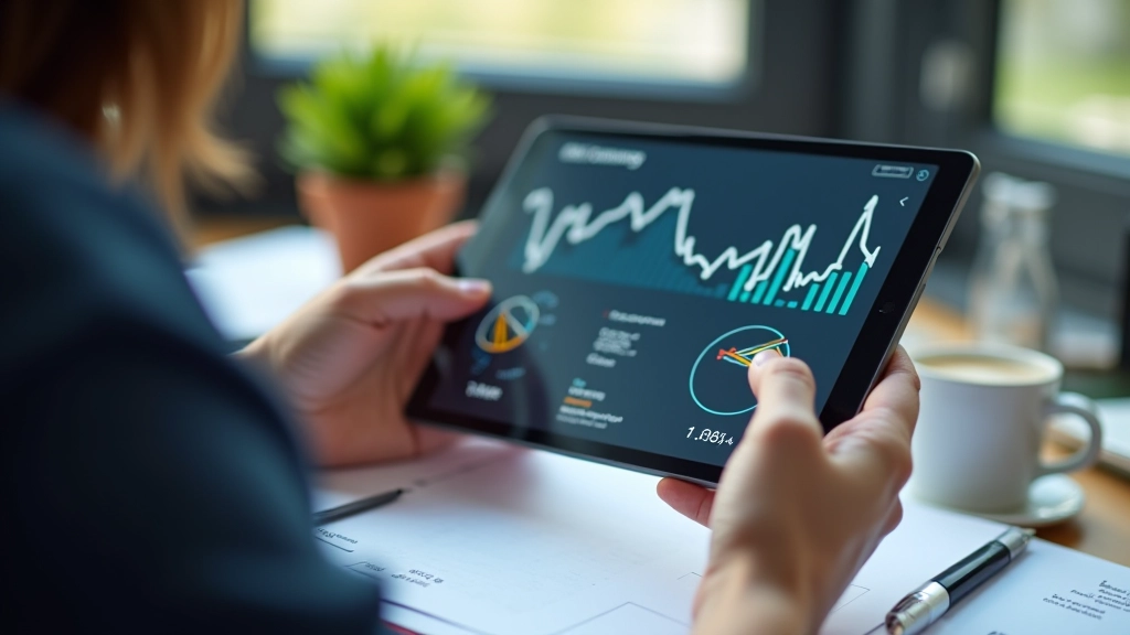 Person analyzing data on tablet with charts and graphs displayed