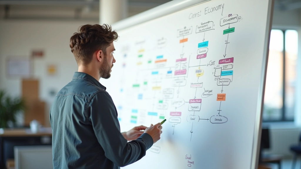 Designer sketching economy system diagram with colored pencils and notes